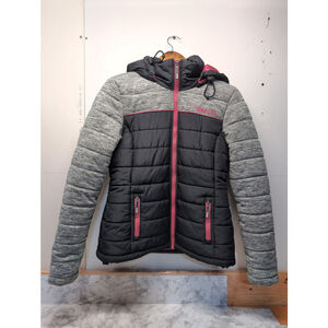 Bench Black/Gray Puffer Hooded Jacket Women Sz S Full Zipper Removable Hood